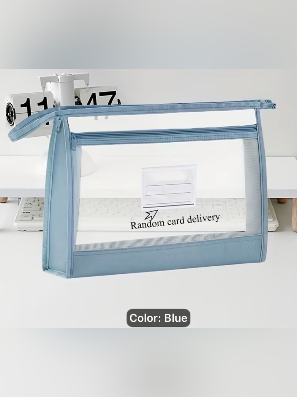 Clear-Front Blue Zippered Storage Pouch - Home Organization